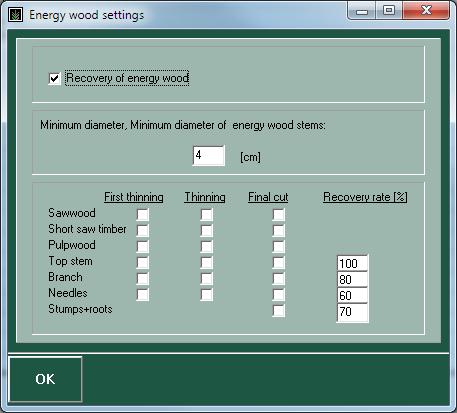 Select the compartmerts to be collected as energy wood. You can also adjust the recovery rates. NOTICE!