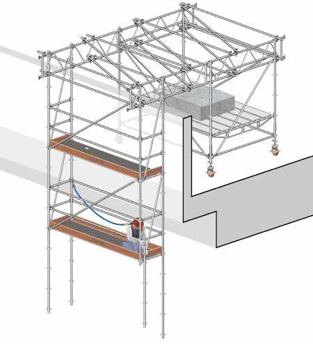 Connect the lattice beams to the tower scaffolding and stiffen them with tube/coupler braces at the top and bottom chords. 3.