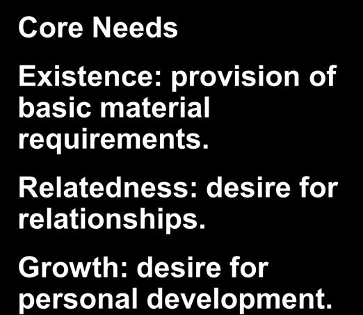ERG Theory (Clayton Alderfer) ERG Theory There are three groups of core needs: existence, relatedness,