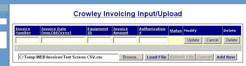 Selecting the Load File button populates the template with all of the invoices from the file and performs an audit of the data. NOTE: Files not in a CSV format will return an error as shown below.