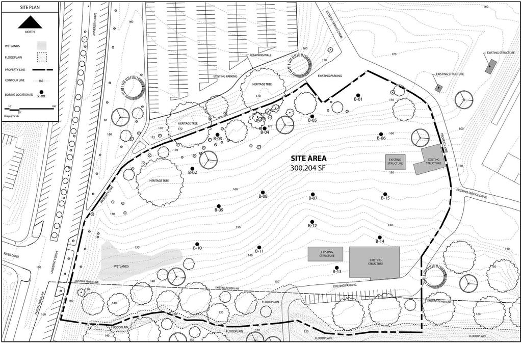CS SAMPLE ITEM 3 - CORRECT RESPONSE 159 of 182 RATIONALE: The northwest region of the site, adjacent to University Drive and between the wetlands and heritage tree, is the most appropriate location