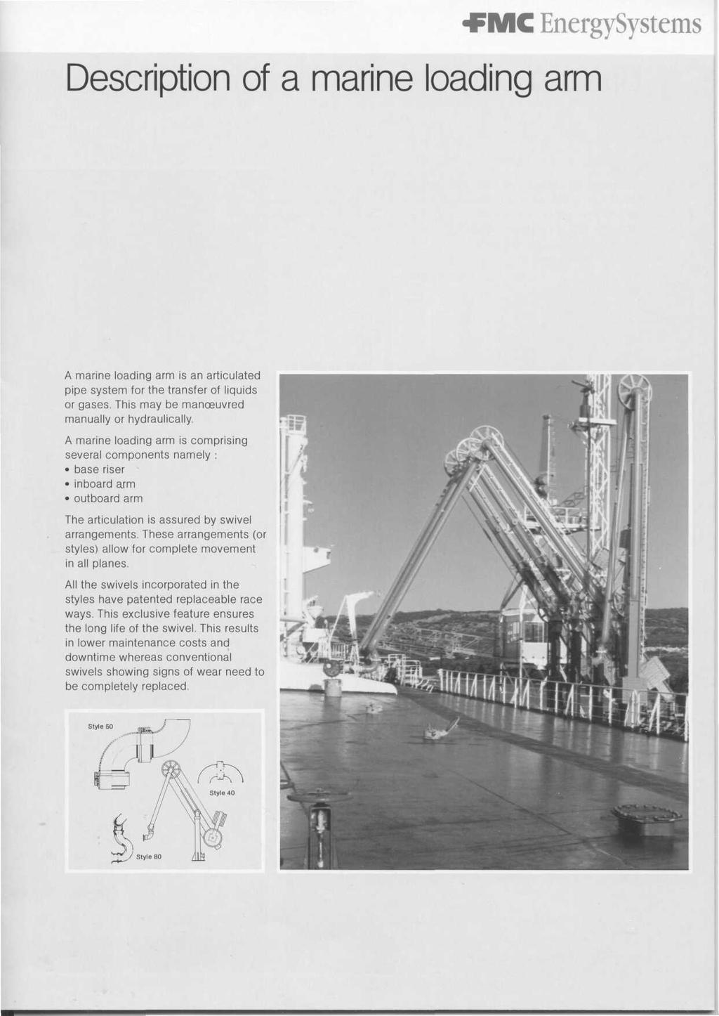 ФМС EnergySystems Description of a marine loading arm A marine loading arm is an articulated pipe system for the transfer of liquids or gases. This may be manoeuvred manually or hydraulically.