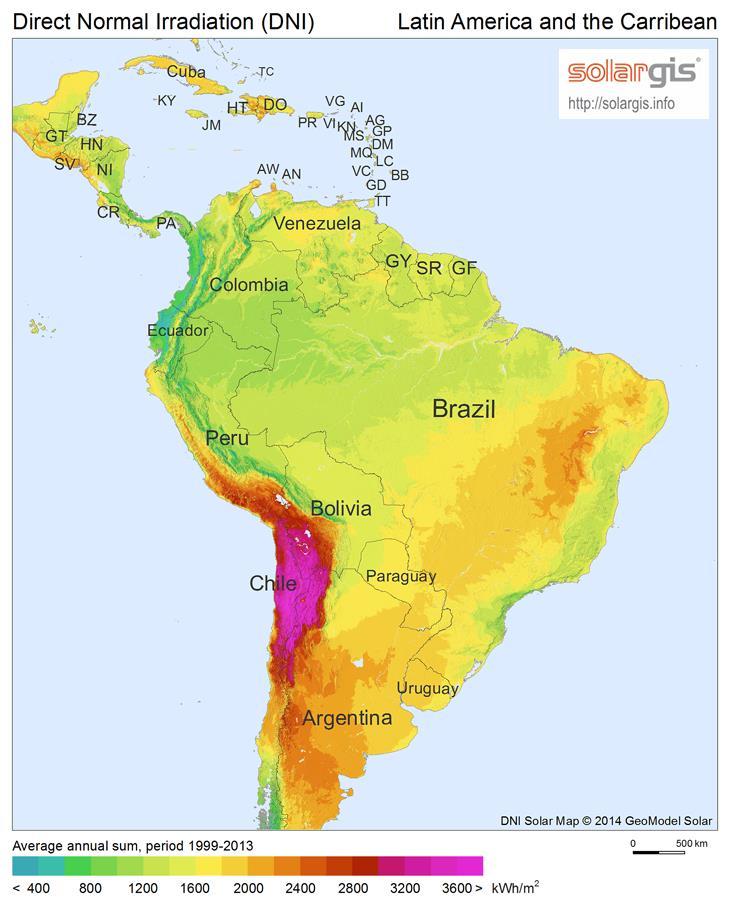 Fig. 73. Direct normal irradiance map of South America incl. Chile [47