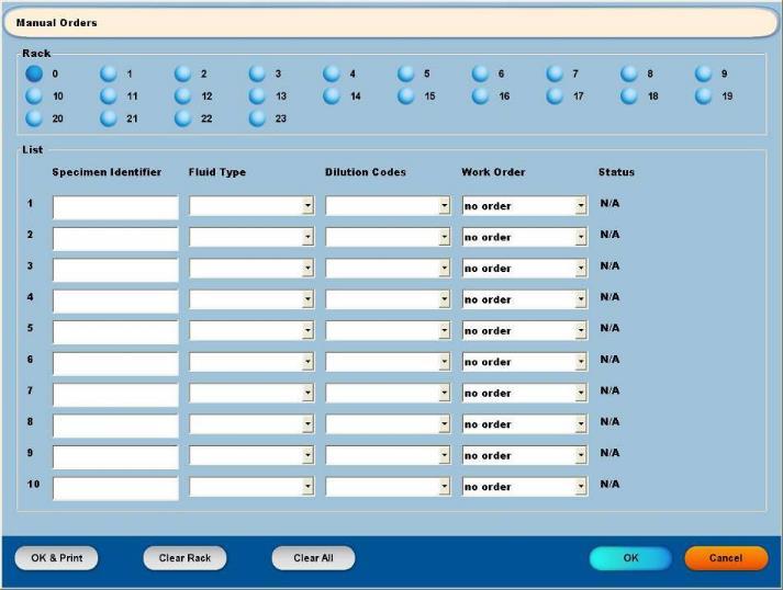 Running Samples without Barcodes Step Action 1 Obtain non-barcoded specimen(s). 2 From the Instrument screen, select the Manual Orders button. The Manual Order screen is displayed.