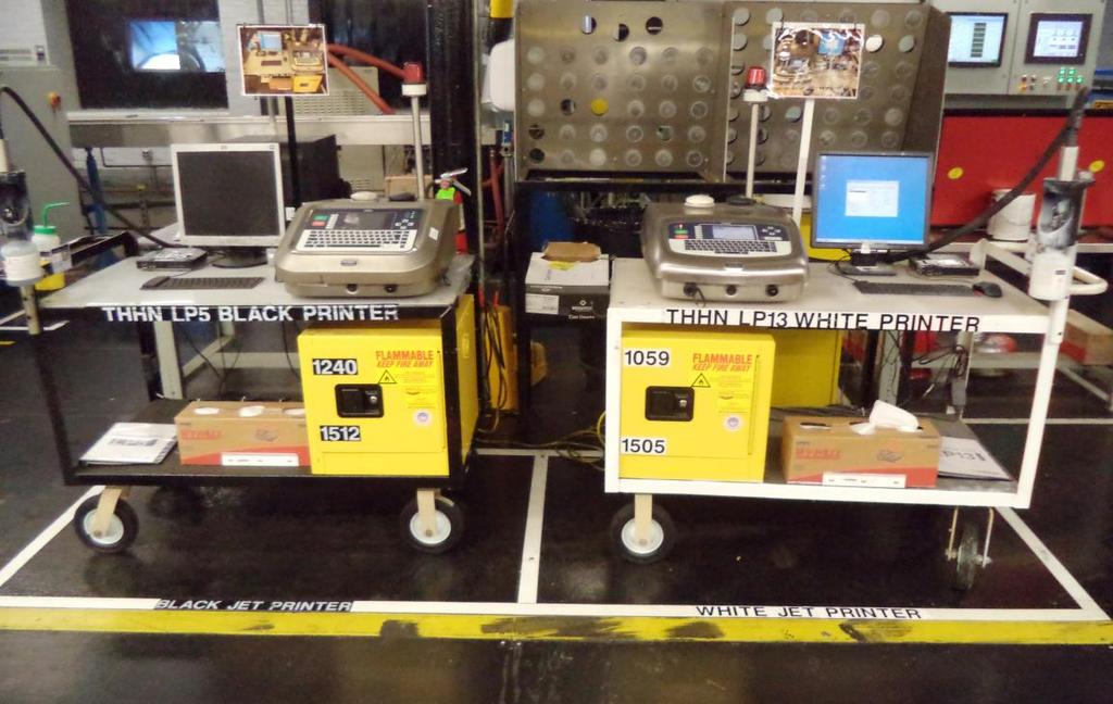 orientation Printer carts & spaces labeled with colored tape