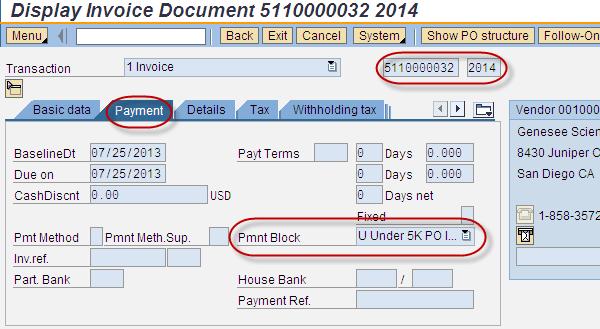Displaying Purchase Order Invoice Payment tab Using Transaction Code - MIR4 Display PO Invoice Document Entry 15 16 15 Payment tab MIR4 Display invoice document number 16 Payment Block field Block