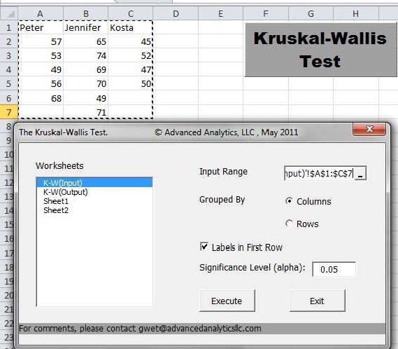 The Kruskal-Wallis Test with Excel
