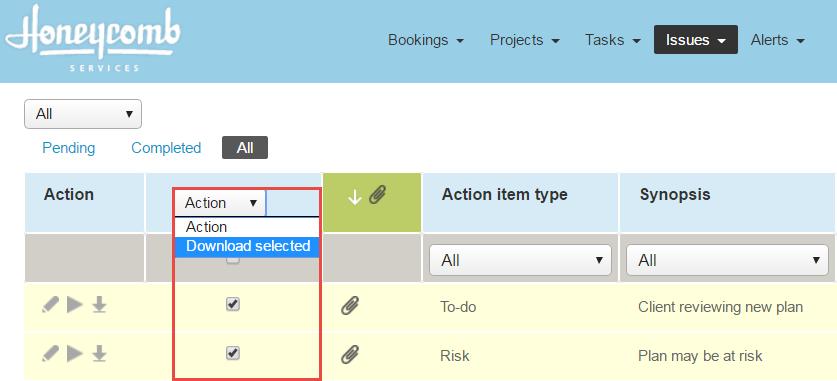 2. Add the "Run an action" column to the list view. 3. In the "Run an action" column, select the issues which you want to download attachments from. 4.