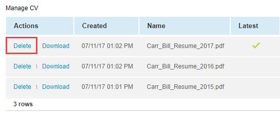 Consolidated Resource Profiles To delete a stored résumé or CV: 1. 1. Go to Resources > Resources > [Select a resource s Employee ID]. 2. Click the Resource Profile Menu button and select Manage CVs.