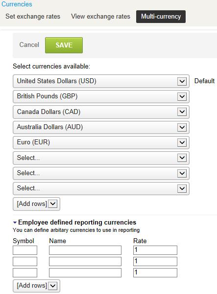 Organization 216 Multiple Currencies You are able to choose which currencies are available for use in your company's OpenAir account.