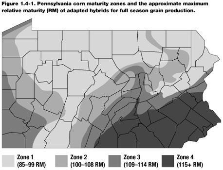 Pennsylvania corn maturity zones from the Penn State Agronomy guide, below Approximate relative maturity rating and growing degree days available for Pennsylvania corn maturity zones.