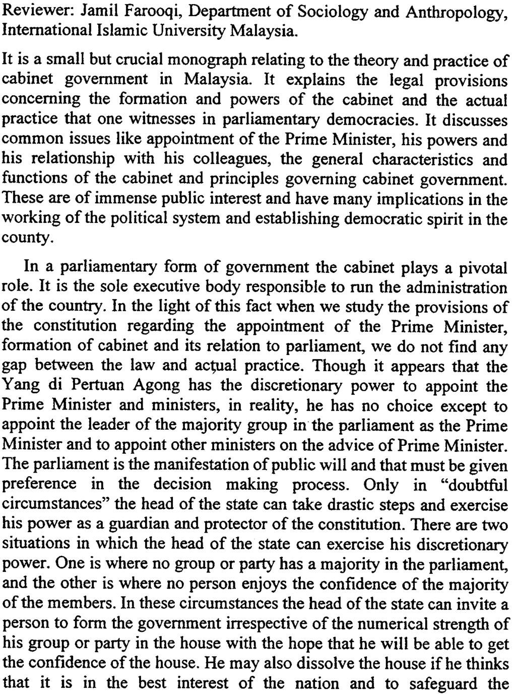 BOOK REVIEW [247] Cabinet Principles in Malaysia: The Law and Practice by Abdul Aziz Bari. Kuala Lumpur: Univision Press, 1999,94 pp. ISBN 983-40026-0-2.