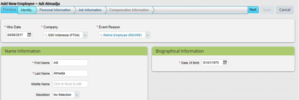 rehire in Search on the navigation bar Click Rehire Inactive Employee Click on a name on the list or use Search and click Go to find the employee then, click on name Add New Employee screen
