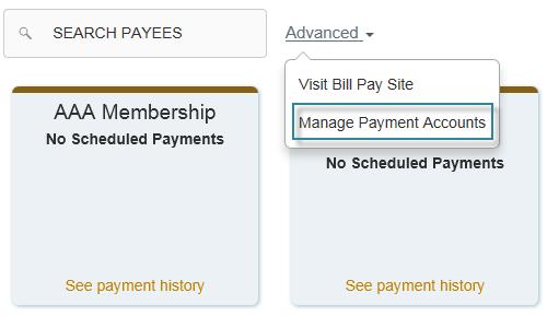 2. Click Advanced > Manage Payment Accounts.