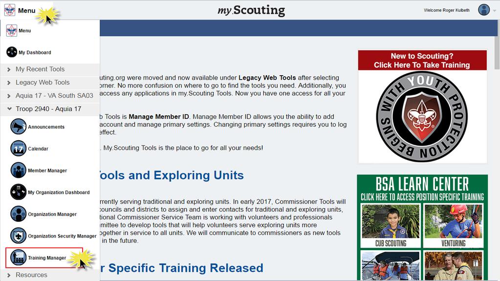 The Training Manager tool provides the ability for Key 3s at each organization level to view a dashboard of position-trained leader status and youth protection training status.