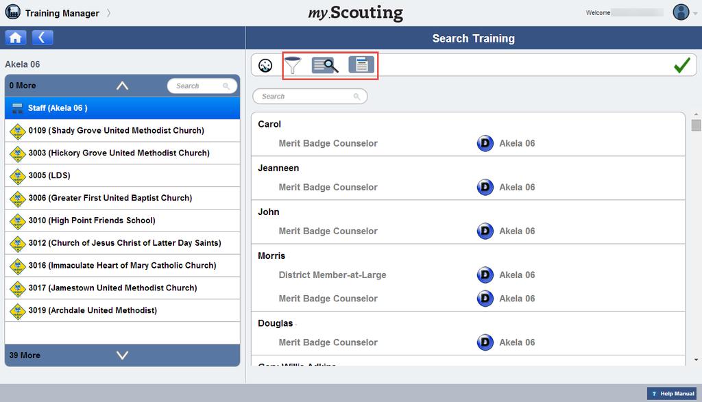 Selecting the icon on the dashboard page or on the page displays roster list of members in the selected organization.
