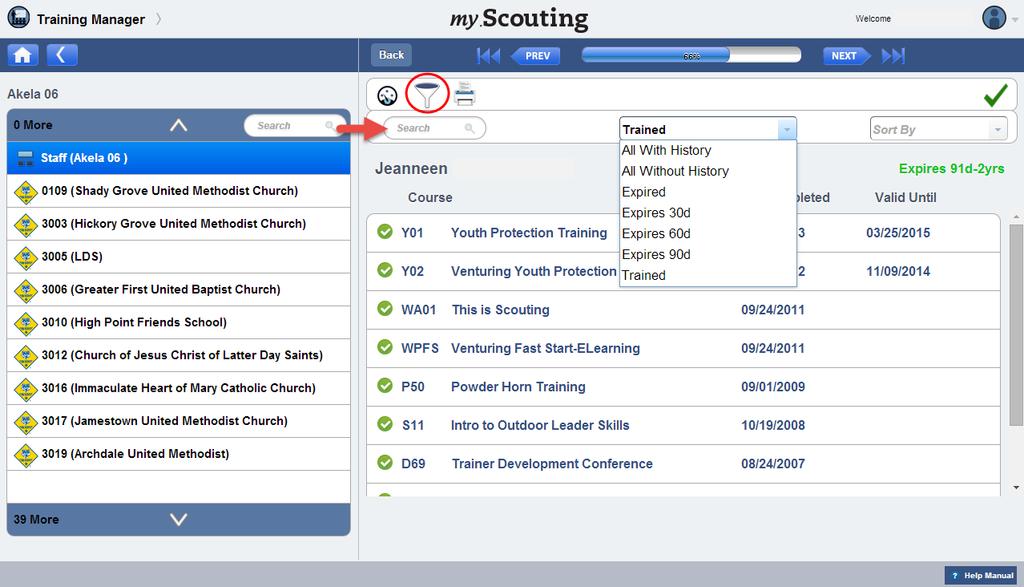 If you wish to filter through member s training courses, select the Filter icon in the menu bar.