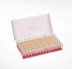 Clear plastic hinged case for convenient storage and transportation of sample vials Polycoated partitions protect