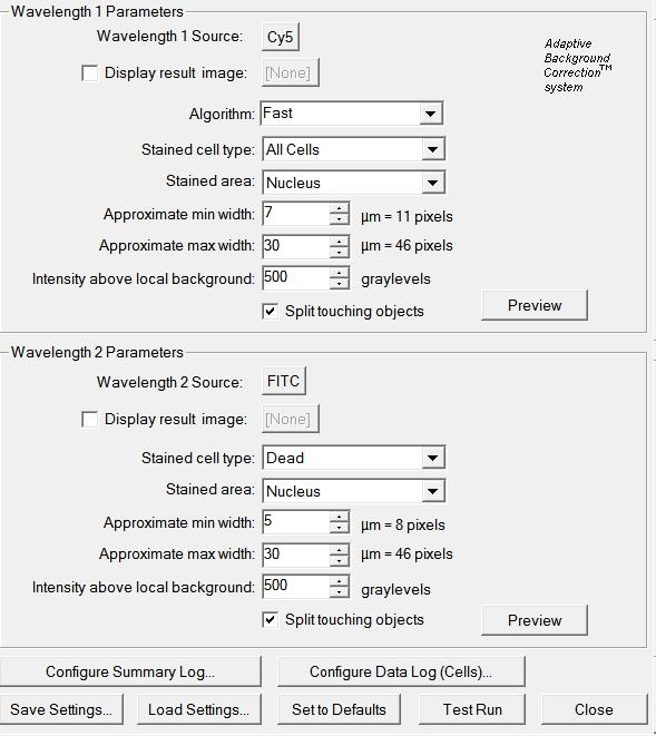 Figure 4-1: Suggested settings for EarlyTox Cell Integrity Assay Data Analysis using the MetaXpress Software and the Live-Dead application module In the Configure Summary