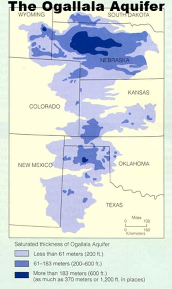 The Ogallala aquifer, for example, spans eight states from South Dakota to Texas. The aquifer took more than a million years to collect and is not replenished by rainfall today.