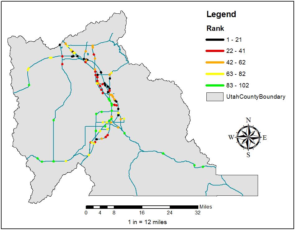 5.2 Screening Results in GIS Using GIS, line features were created using the CSV screening output files and the make new route event tool in ArcMAP (Esri 2010).