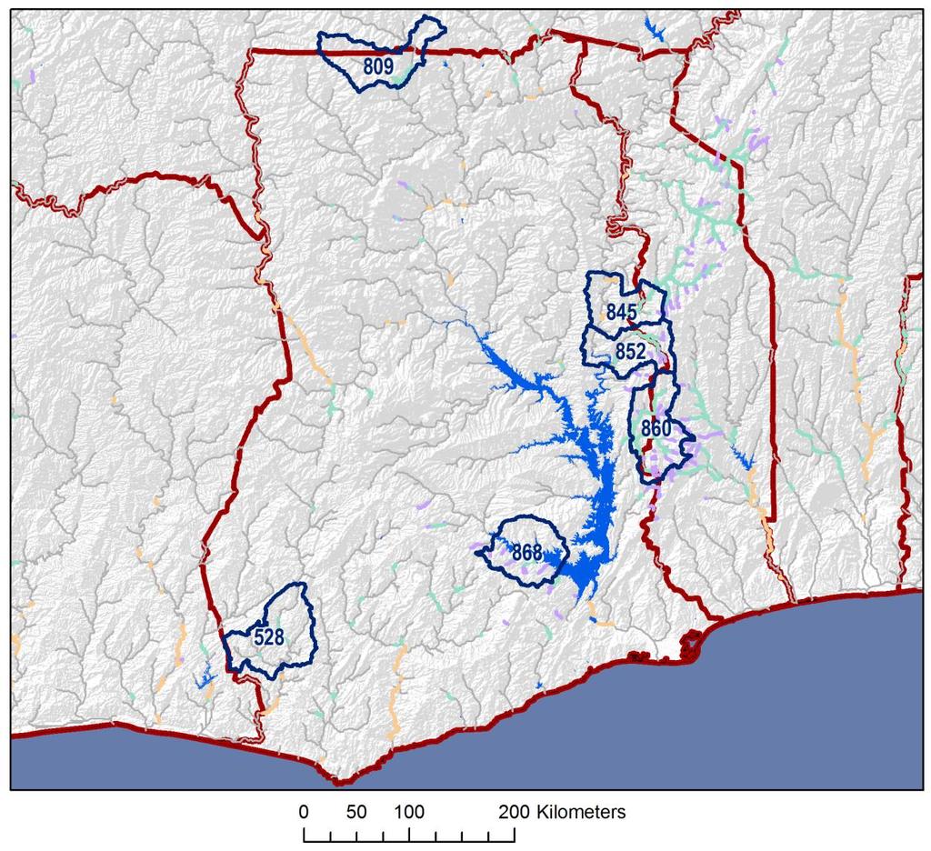 GIS Hydropower Resource Mapping Country Report for Ghana 12 Hydropower Potential in Selected Sub-catchments The following maps and tables give information about the theoretical hydropower potential