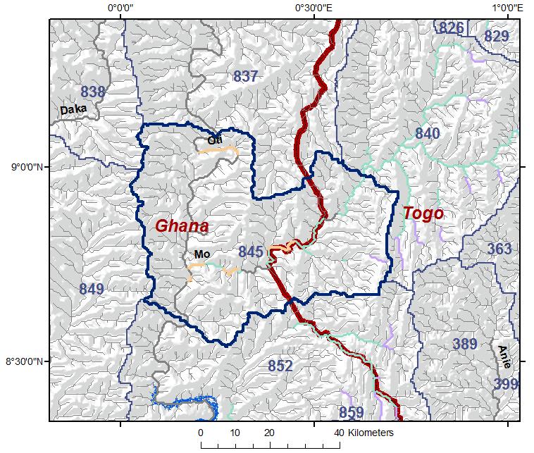 GIS Hydropower Resource Mapping Country Report for Ghana 13 Theoretical Hydropower Potential of Rivers in Sub-Catchment #845 0.3 MW 14.4 MW 21.5 MW This sub-catchment includes the Oti and Mo rivers.
