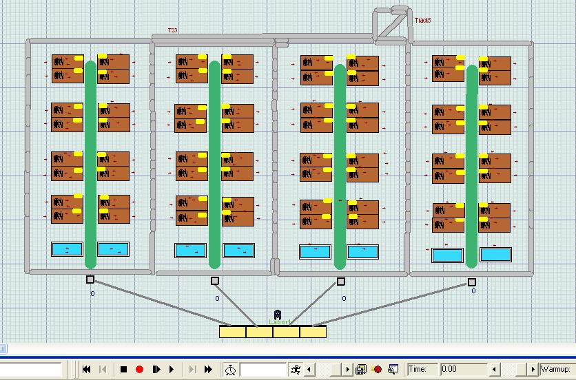 53 Figure 16 Simulation Model for Single Stage Parallel Line Configuration Showing Pick-up Point For a Single Stage Line, The model contains 4 assembly modules with 16 tables and operators in each