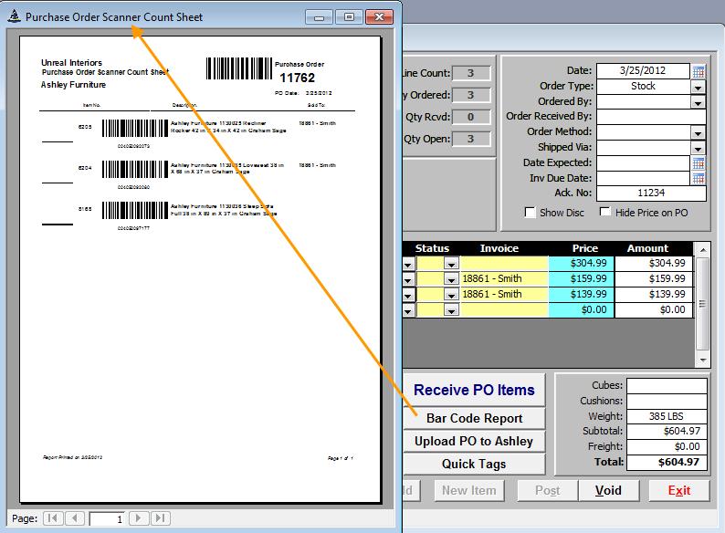 Button and the Purchase Order Scanner Count Sheet Report