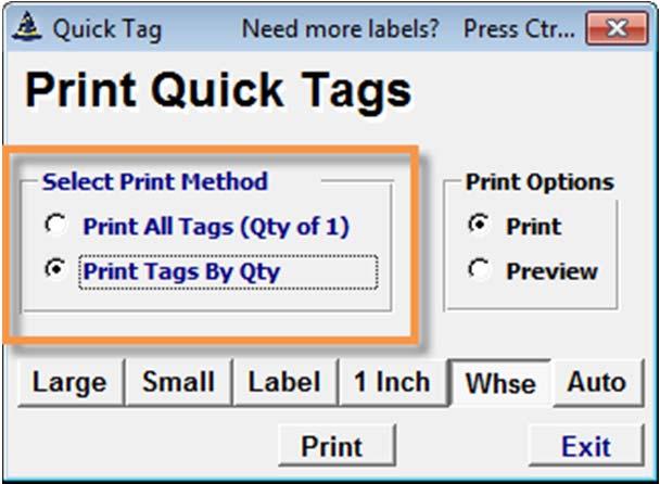Print Options The inventory tags may also be previewed by selecting the radio button next to preview, or they may be