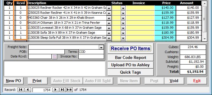 Once the Post Receive Now Button is clicked upon the Purchase Order Receive History Form closes and the items that were received are posted on the Purchase Order.
