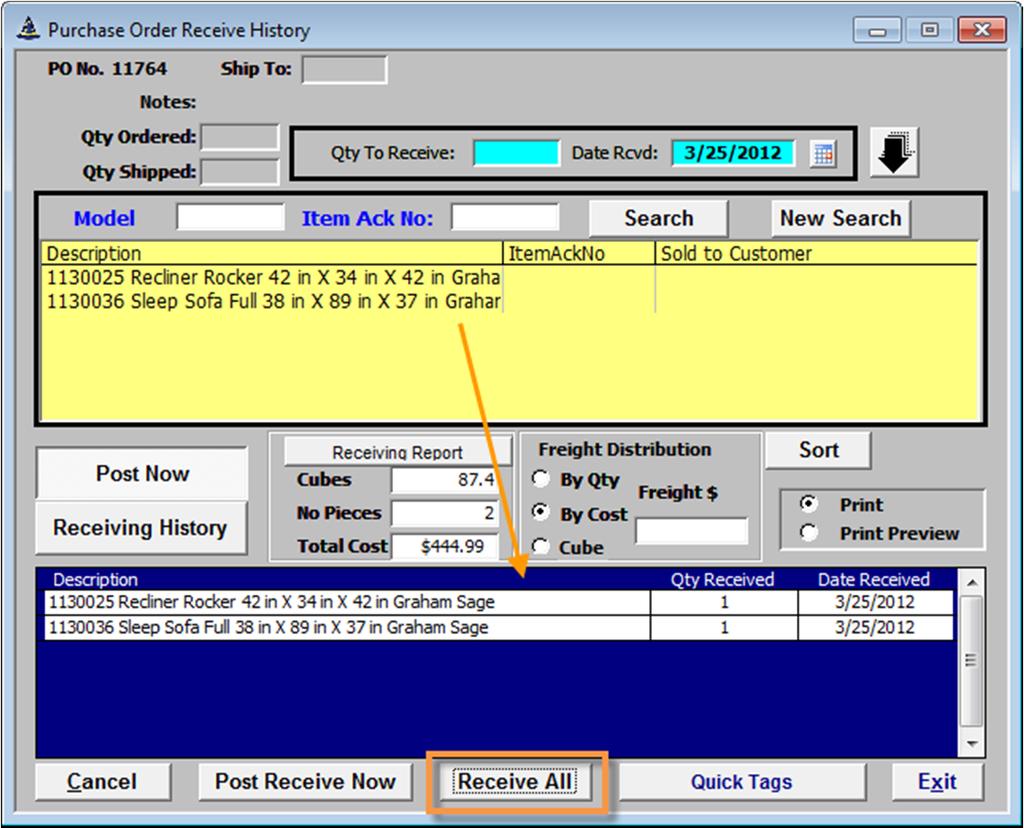 Receive All Button If all items have arrived on the Purchase Order, the receiving process is the same.