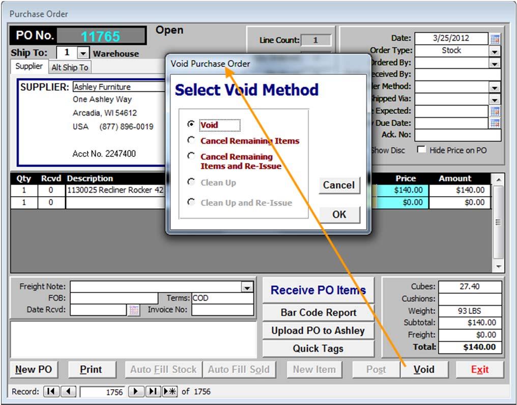 Voiding a Purchase Order To void a Purchase Order that no items have been received, simply