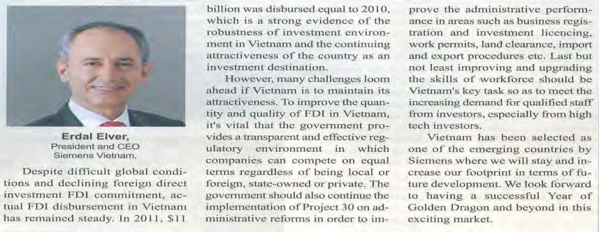 FDI in Vietnam is hindered by the high price of Industrial Land weak infrastructure, poor training of workers Siemens Vietnam Erdal Elver