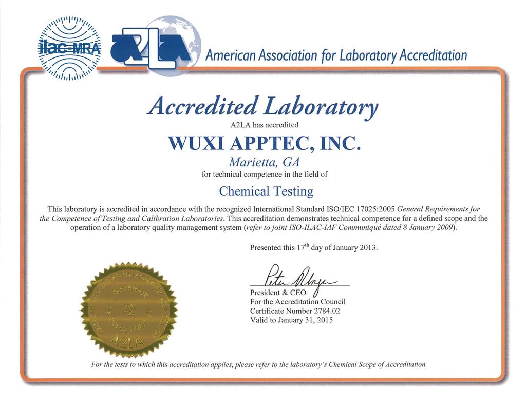 Accredited Laboratory A2LA has accredited Marietta, GA for technical competence in the field of Chemical Testing This laboratory is accredited in accordance with the recognized International Standard