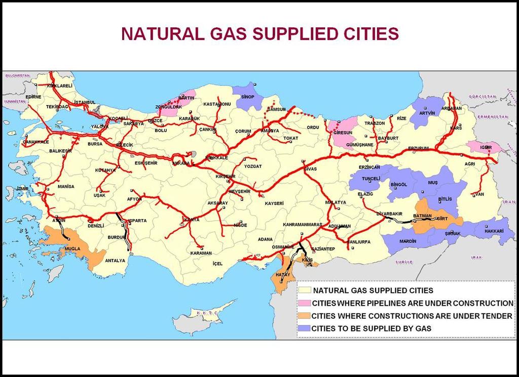 Eskisehir in 1996. Today 67 of 81 cities have the gas network and in the very near future spreading the network to centers of all cities is planned (BOTAS,web).