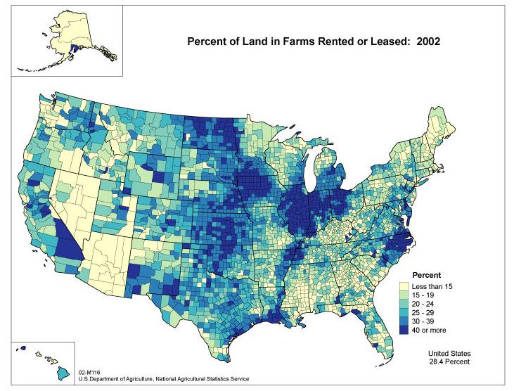 Percent of land in farms rented or