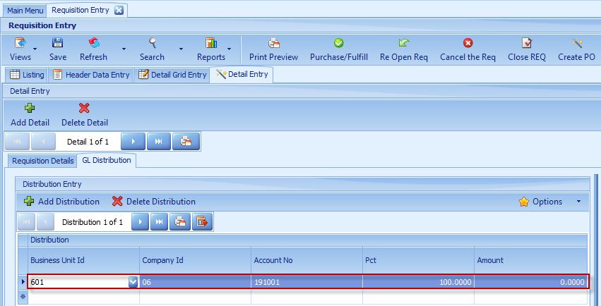 12. We ll need add another detail line to this Requisition, select the Add Detail button. Notice it put a 2 under the Seq No. 13. the Item Class, select STCK from the drop down and then tab. 14.