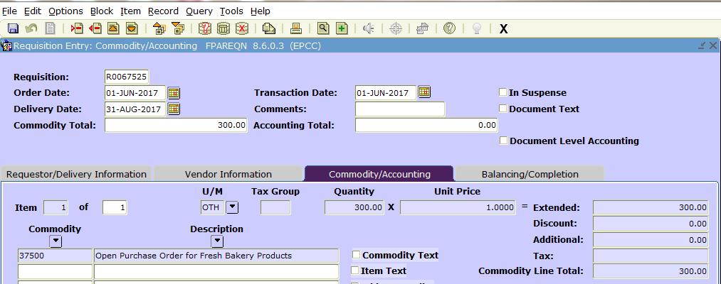 Open Purchase Order for 1. Remove Document Level Accounting (requisition will be returned if checkmark is not removed) 2. Commodity Code that identifies the type of purchase.