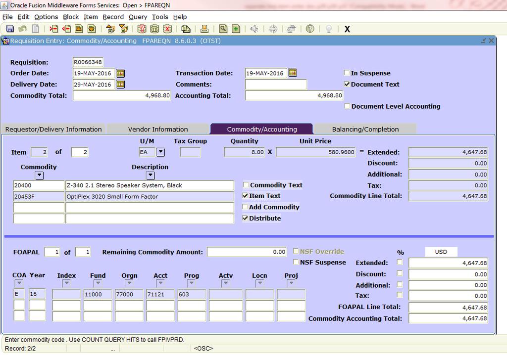 Document/Accounting Screen - Line