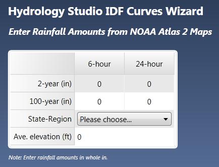 Basic Working Procedures 59 The IDF Wizard will display this screen: Enter the 6- and 24-hour precipitation amounts for the 2- and 100-year return periods. Select your state from the dropdown list.