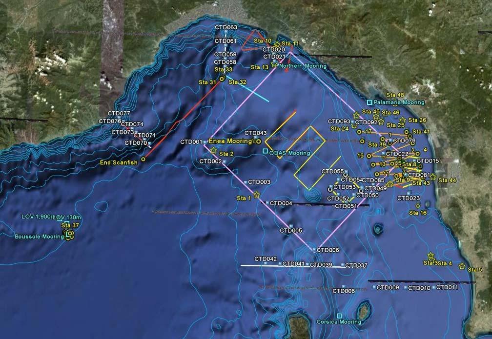 well as towing the ScanFish II across coastal frontal boundaries and off shore areas. Figure 3 is a summary of the locations for most of these stations and transects. Figure 3. Optical, CTD and ScanFish transects for the REP10 cruise (19 Sep 4 Oct 10).