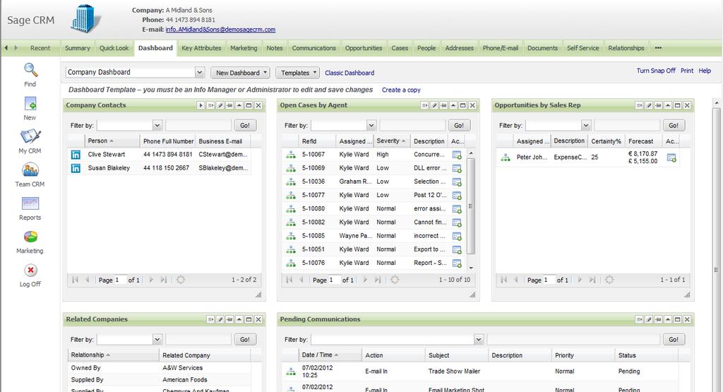 Sage CRM allows your team to see and manage all customer interactions from an intuitive dashboard.