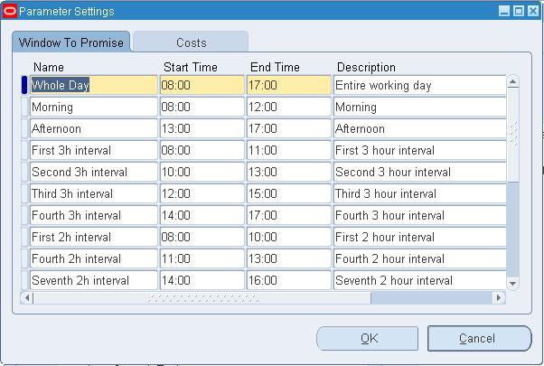 Setting Up Window to Promise Note: For information related to the Parameter Settings - Costs tab, see Setting Up Cost Parameters, page 8-3.