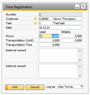 The time registration window will open with the task and date already selected.