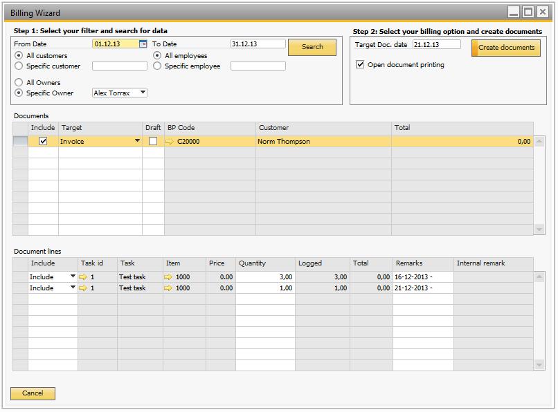 The grid marked Invoices shows a summary of invoices that will be created based on approved registrations. In this case, two invoices can be created, one for each customer.