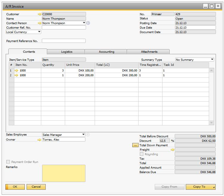 Sales Order In order to be able to link a sales order to a task, some functionality has been added to the sales order form.