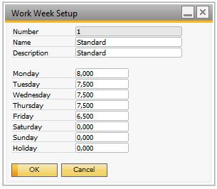 The idea is to define the standard work hours for each day in the week as well as holiday (holidays as defined in SAP Business One).