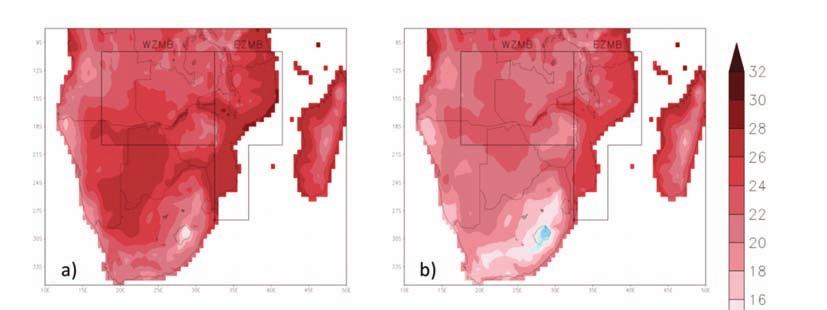 Figure 2: Seasonal averaged (1979-2009) maps of surface air temperature for southern Africa. Results are shown for: a) December-February; b) March-May; c) June-August; and d) September- November.