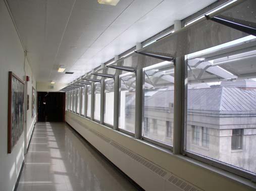 Fig. 1: Solar awning on the third floor of Pacific Hall. The modules are separated into two strings of six to minimize the shading problem on the whole system.